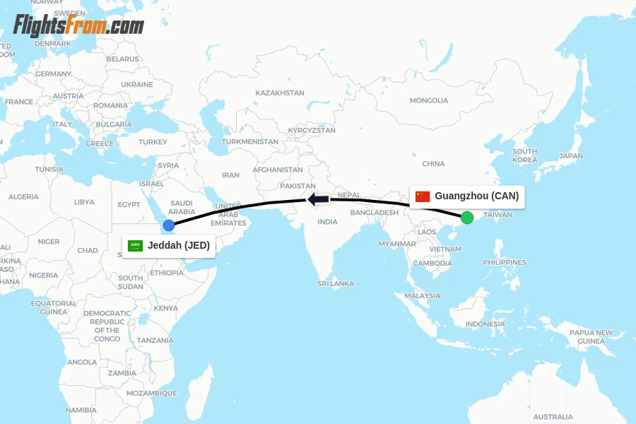 Flights from Guangzhou to Jeddah route map