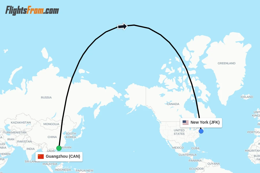 Flights from Guangzhou to New York route map