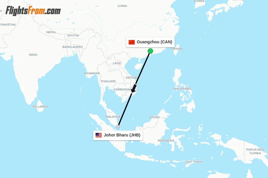 Flights from Guangzhou to Johor Bharu route map