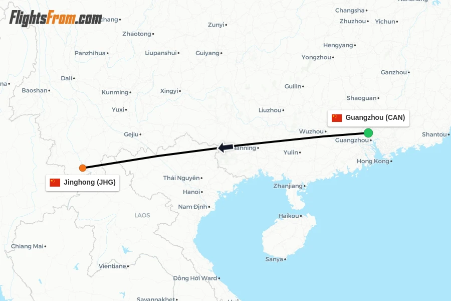 Flights from Guangzhou to Jinghong route map