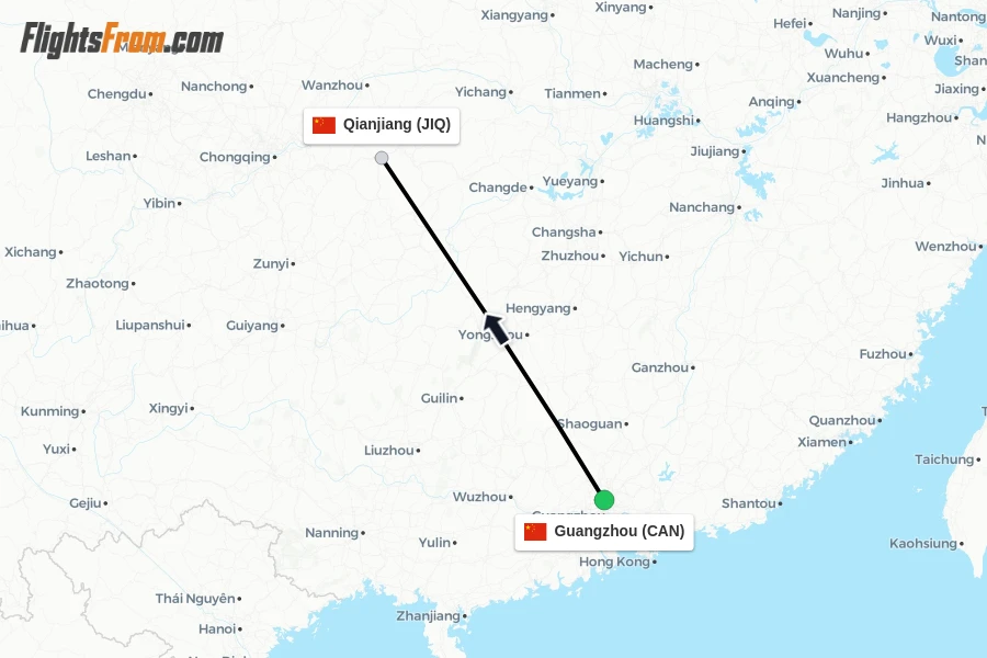 Flights from Guangzhou to Qianjiang route map