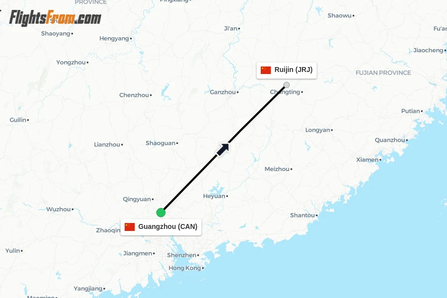 Flights from Guangzhou to Ruijin route map