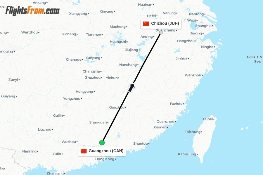 Flights from Guangzhou to Chizhou route map