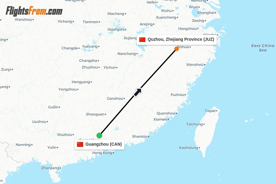 Flights from Guangzhou to Quzhou, Zhejiang Province route map