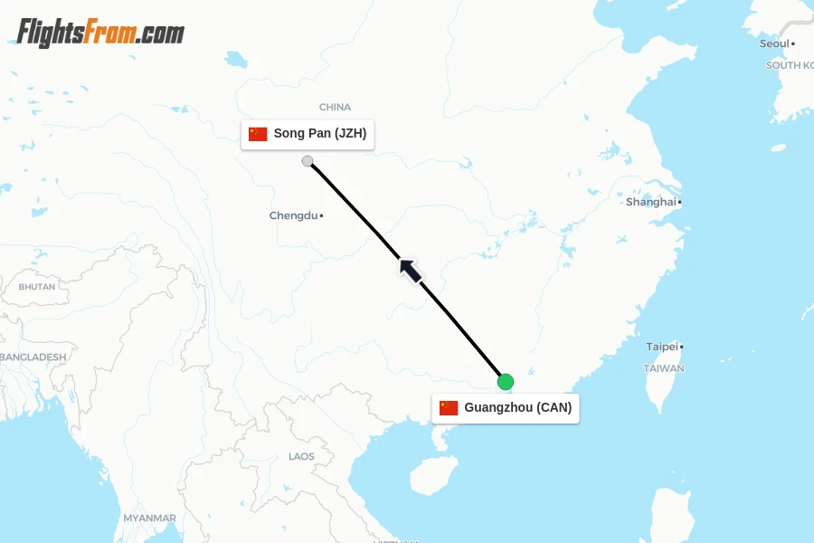 Flights from Guangzhou to Song Pan route map