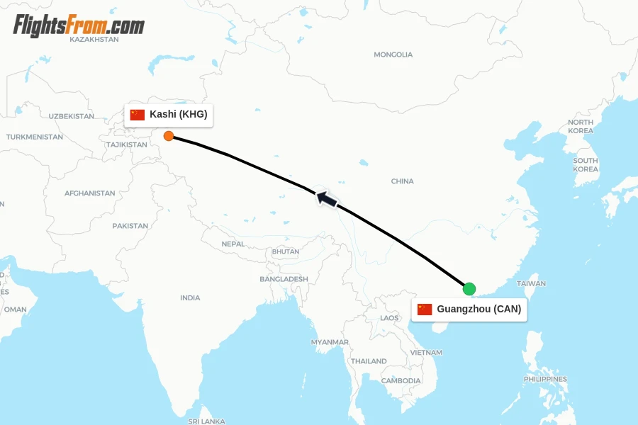 Flights from Guangzhou to Kashi route map