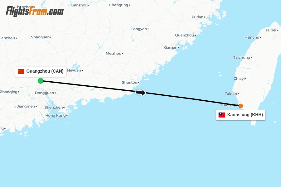 Flights from Guangzhou to Kaohsiung route map