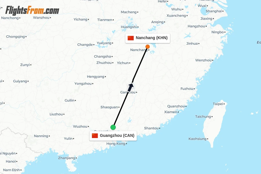 Flights from Guangzhou to Nanchang route map