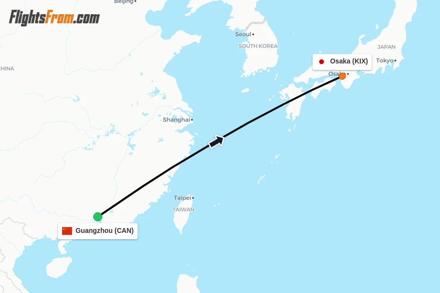 Flights from Guangzhou to Osaka route map