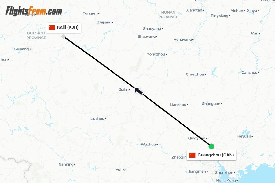 Flights from Guangzhou to Kaili route map
