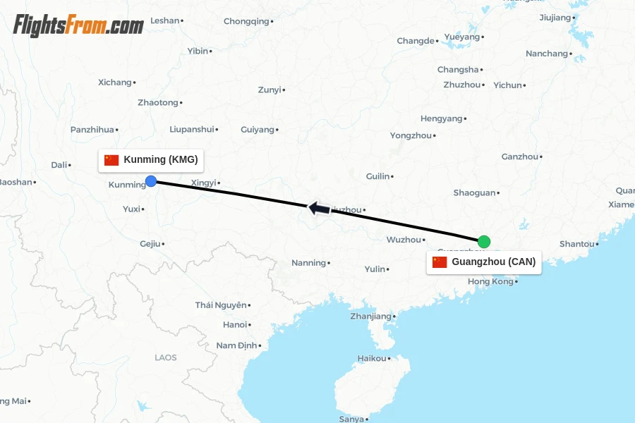 Flights from Guangzhou to Kunming route map