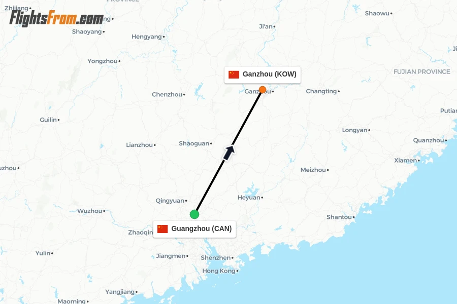 Flights from Guangzhou to Ganzhou route map