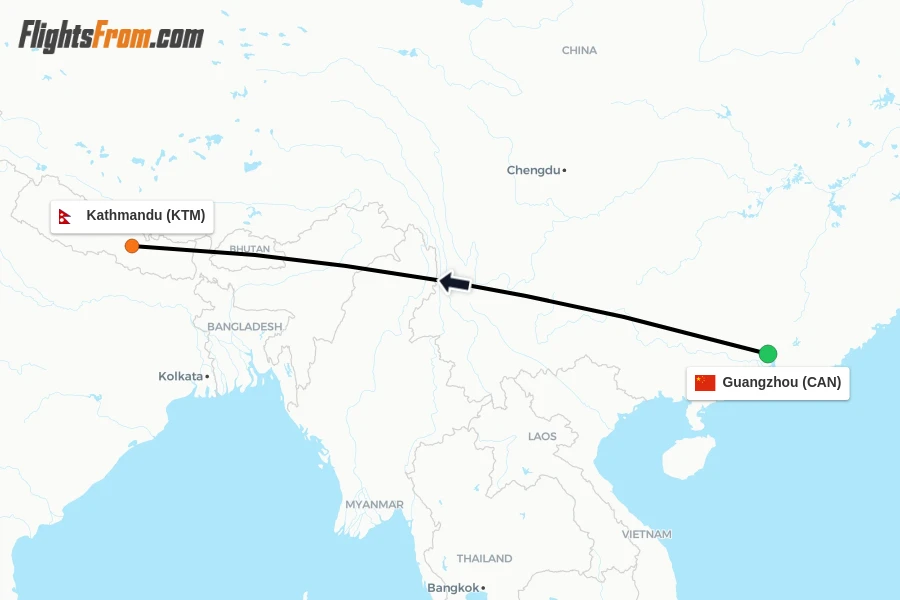 Flights from Guangzhou to Kathmandu route map