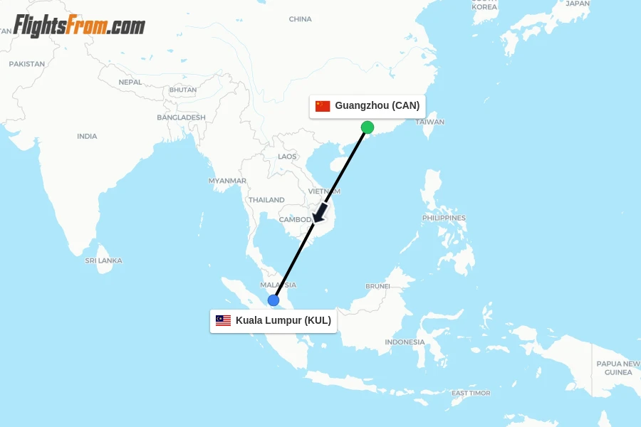 Flights from Guangzhou to Kuala Lumpur route map