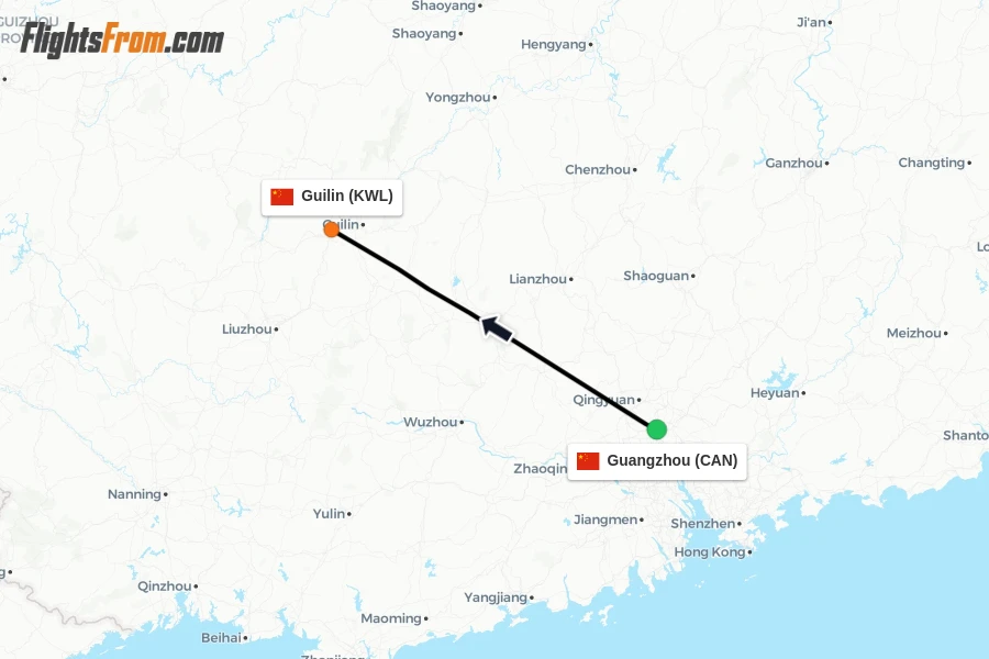 Flights from Guangzhou to Guilin route map