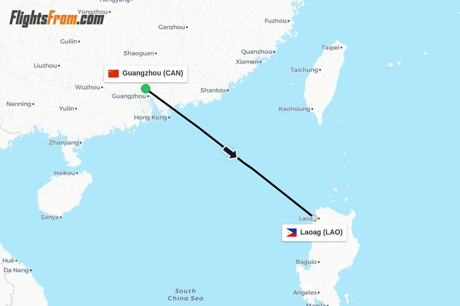 Flights from Guangzhou to Laoag route map