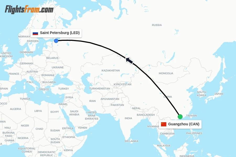 Flights from Guangzhou to Saint Petersburg route map
