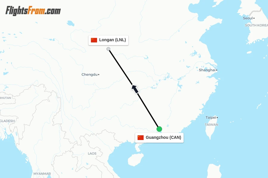 Flights from Guangzhou to Longan route map
