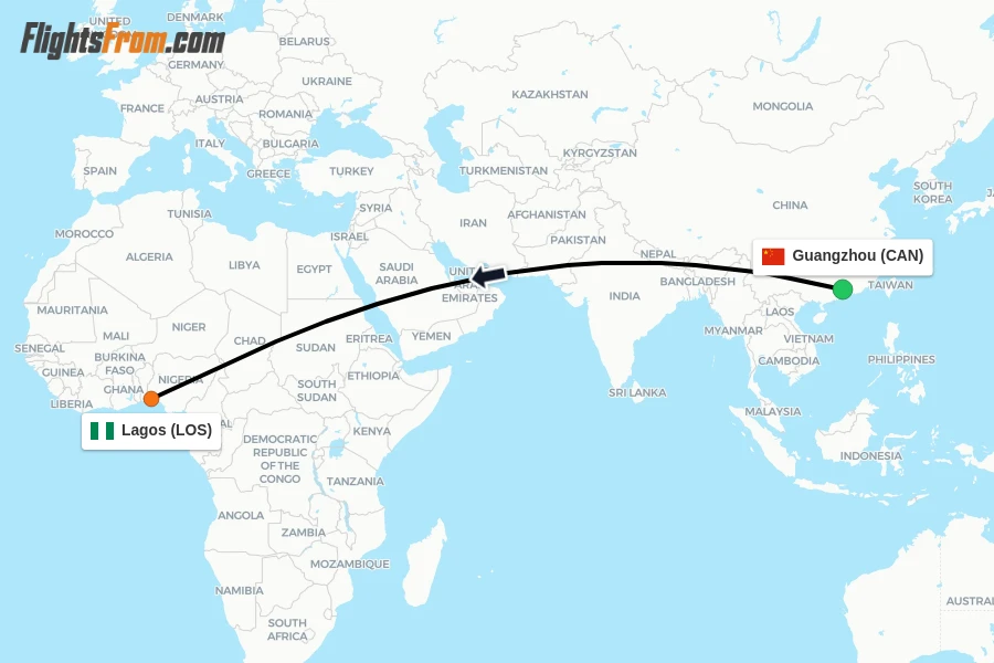 Flights from Guangzhou to Lagos route map