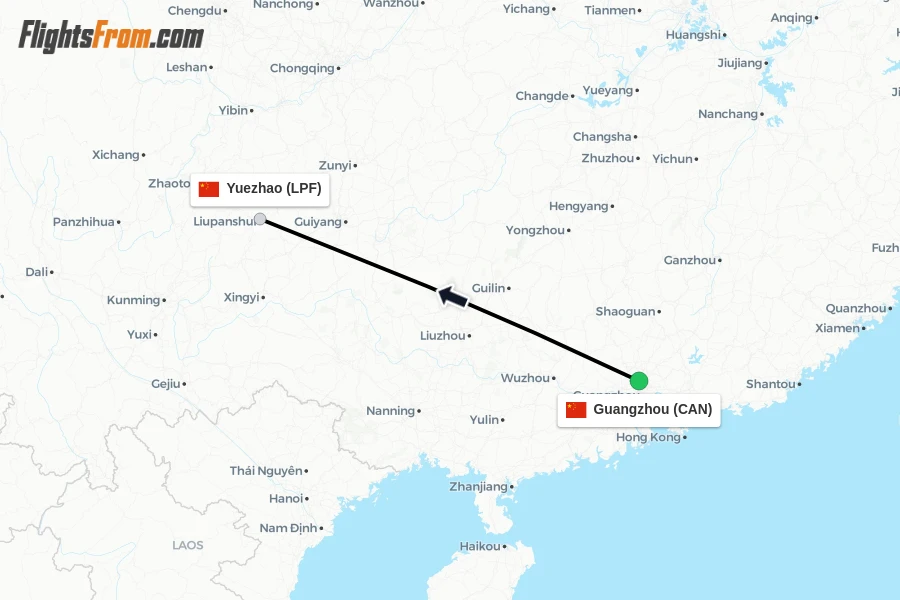 Flights from Guangzhou to Yuezhao route map
