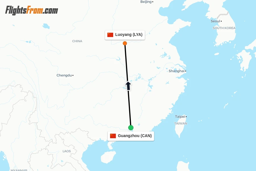 Flights from Guangzhou to Luoyang route map