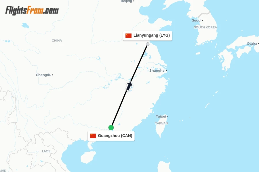 Flights from Guangzhou to Lianyungang route map