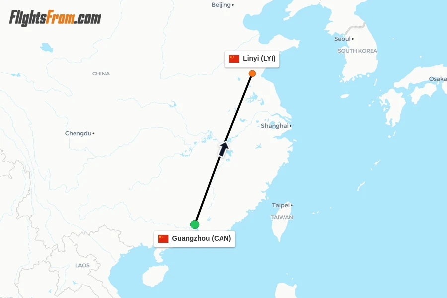 Flights from Guangzhou to Linyi route map