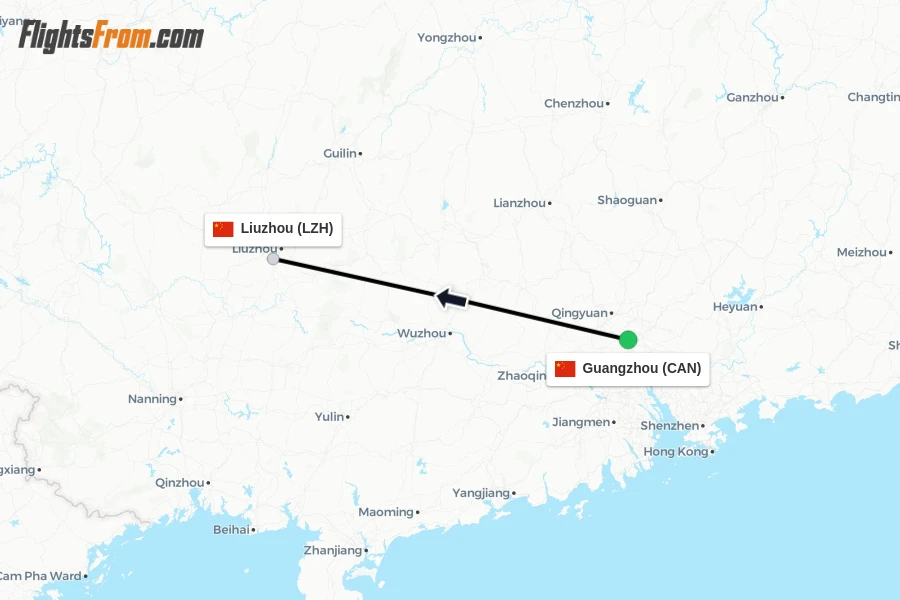 Flights from Guangzhou to Liuzhou route map