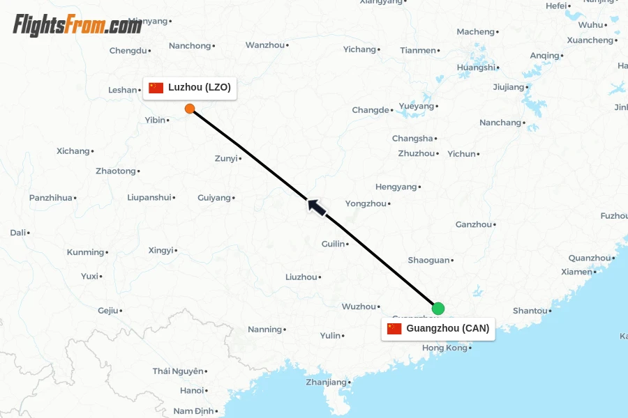 Flights from Guangzhou to Luzhou route map