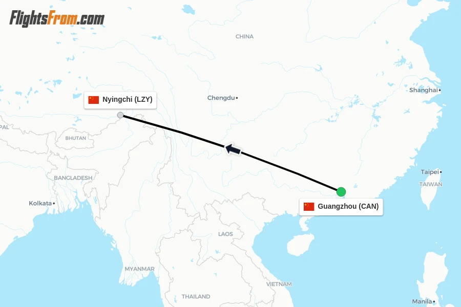 Flights from Guangzhou to Nyingchi route map
