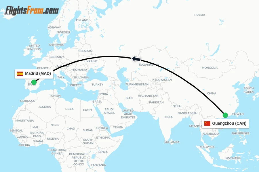 Flights from Guangzhou to Madrid route map