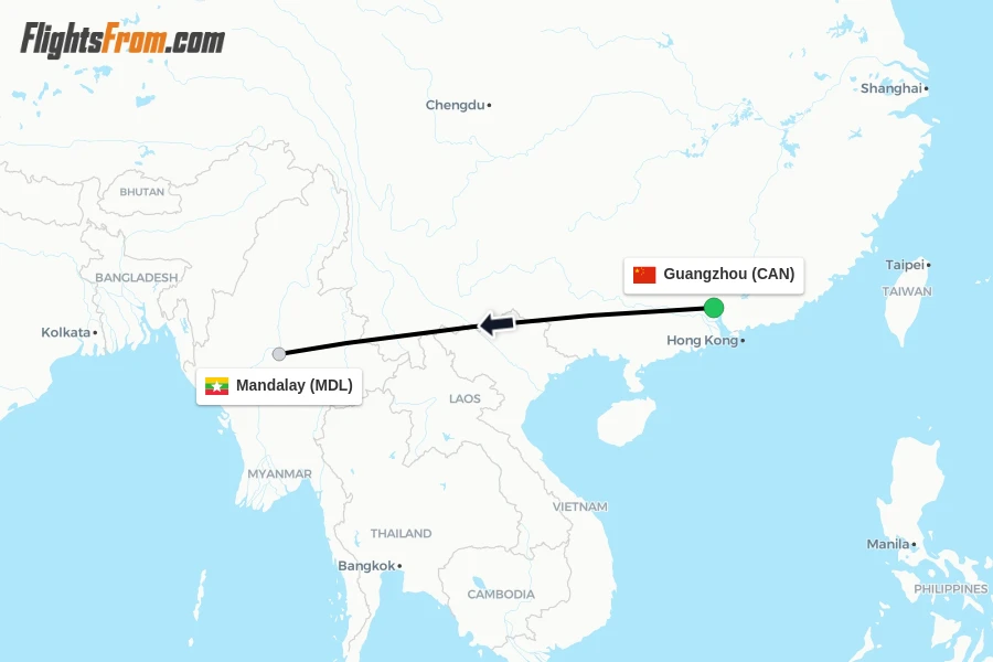 Flights from Guangzhou to Mandalay route map