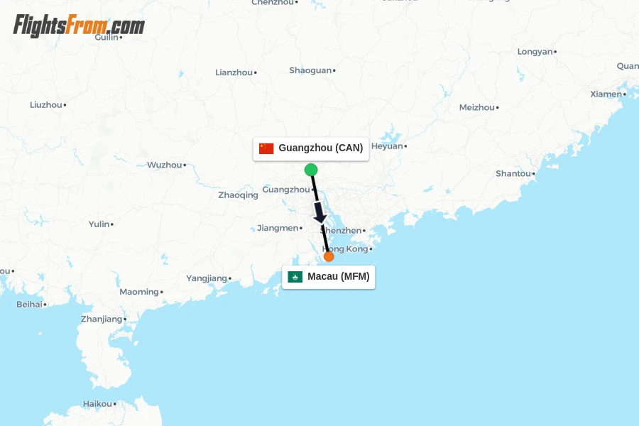 Flights from Guangzhou to Macau route map