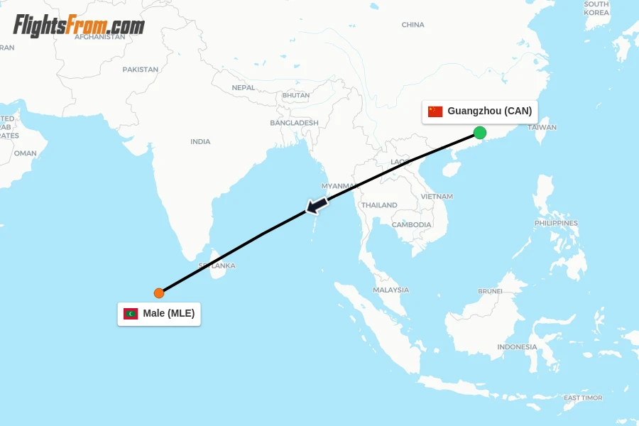 Flights from Guangzhou to Male route map
