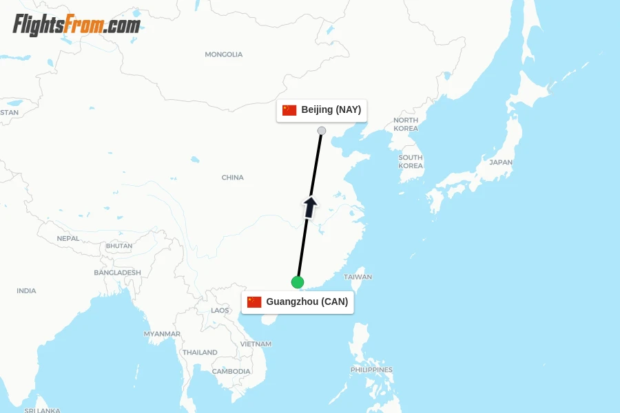 Flights from Guangzhou to Beijing route map