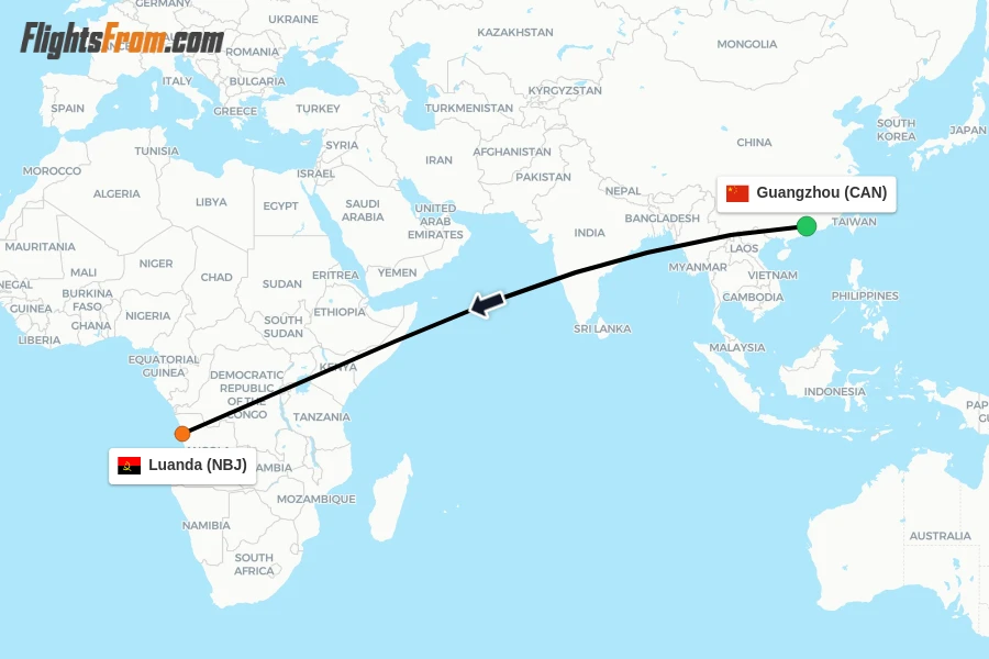 Flights from Guangzhou to Luanda route map
