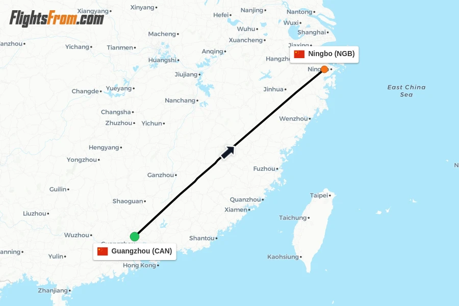 Flights from Guangzhou to Ningbo route map