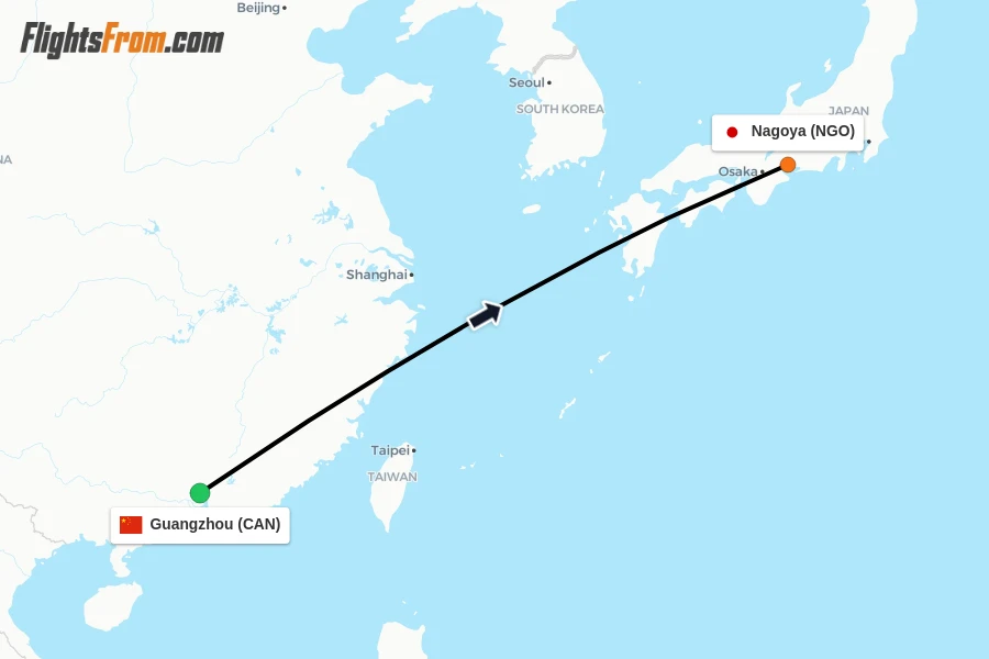 Flights from Guangzhou to Nagoya route map