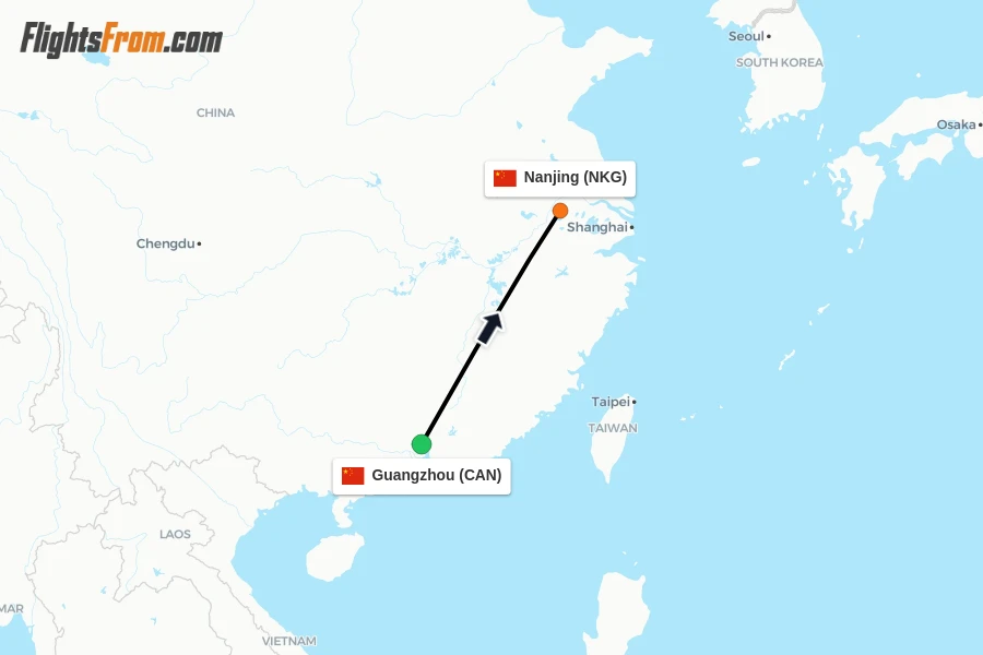 Flights from Guangzhou to Nanjing route map