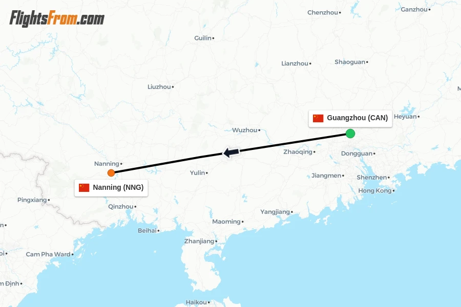 Flights from Guangzhou to Nanning route map
