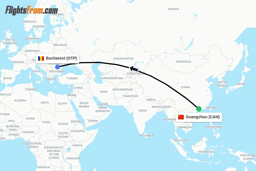 Flights from Guangzhou to Bucharest route map