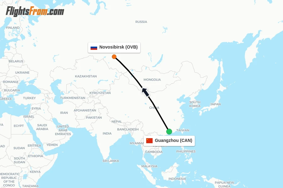 Flights from Guangzhou to Novosibirsk route map