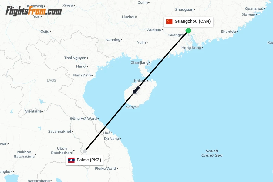 Flights from Guangzhou to Pakse route map