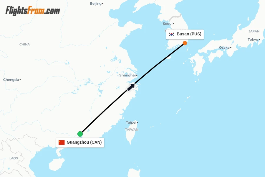Flights from Guangzhou to Busan route map