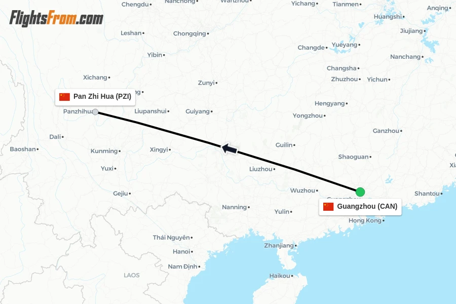Flights from Guangzhou to Pan Zhi Hua route map