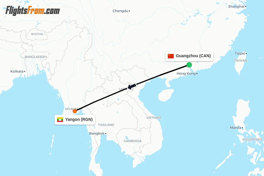 Flights from Guangzhou to Yangon route map