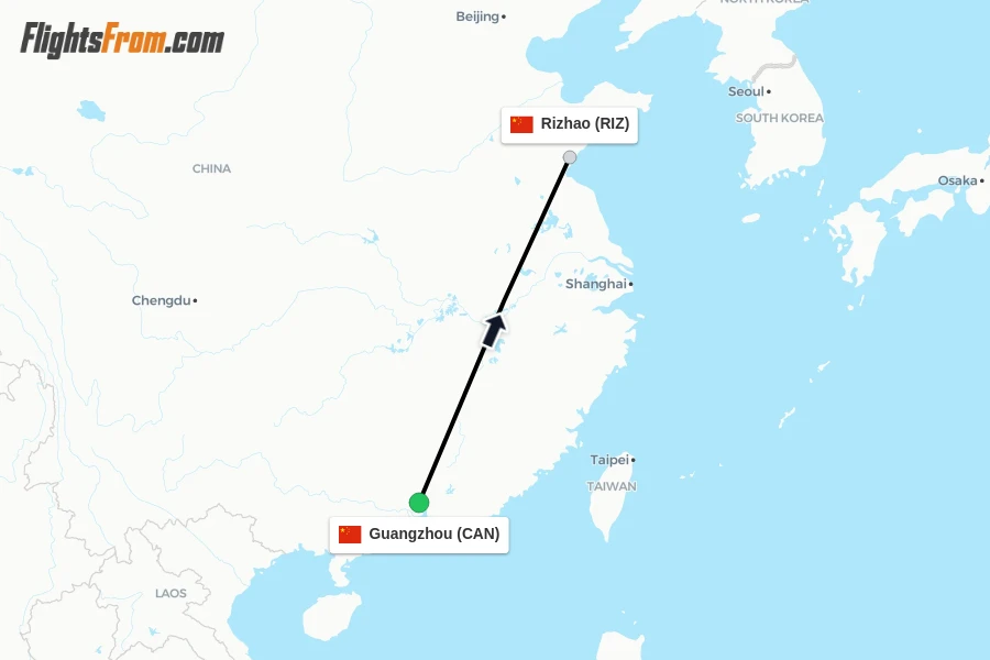 Flights from Guangzhou to Rizhao route map