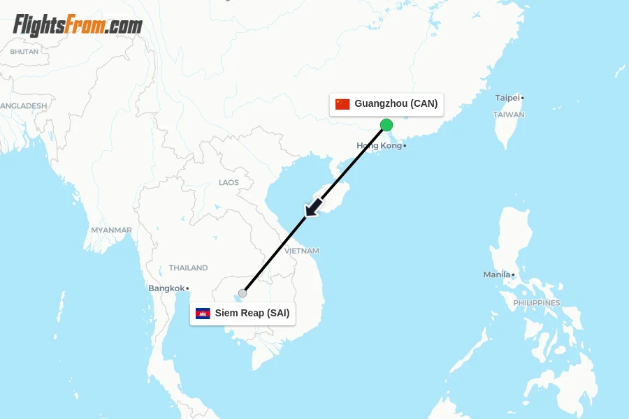 Flights from Guangzhou to Siem Reap route map
