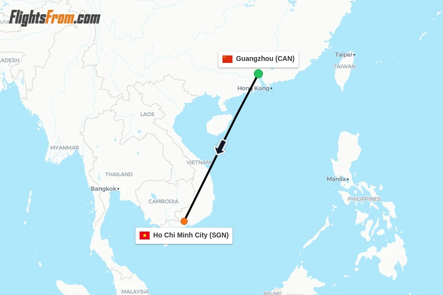 Flights from Guangzhou to Ho Chi Minh City route map