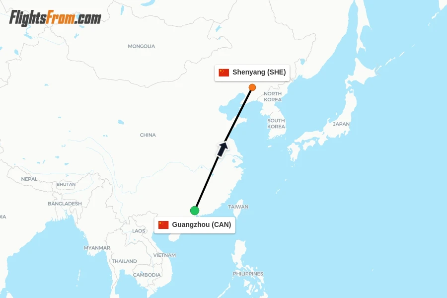 Flights from Guangzhou to Shenyang route map